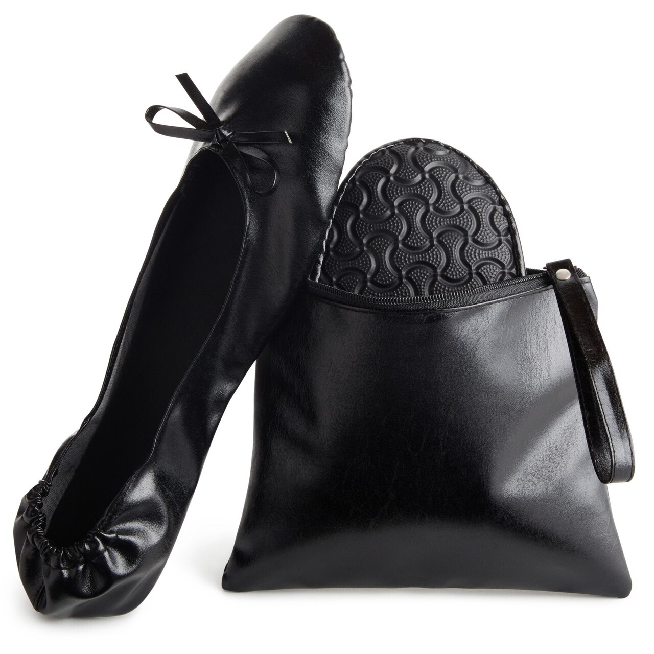 Black Foldable Ballet Flats for Women, Roll Up Flats with Zipper Pouch, US Size 8.5-9.5